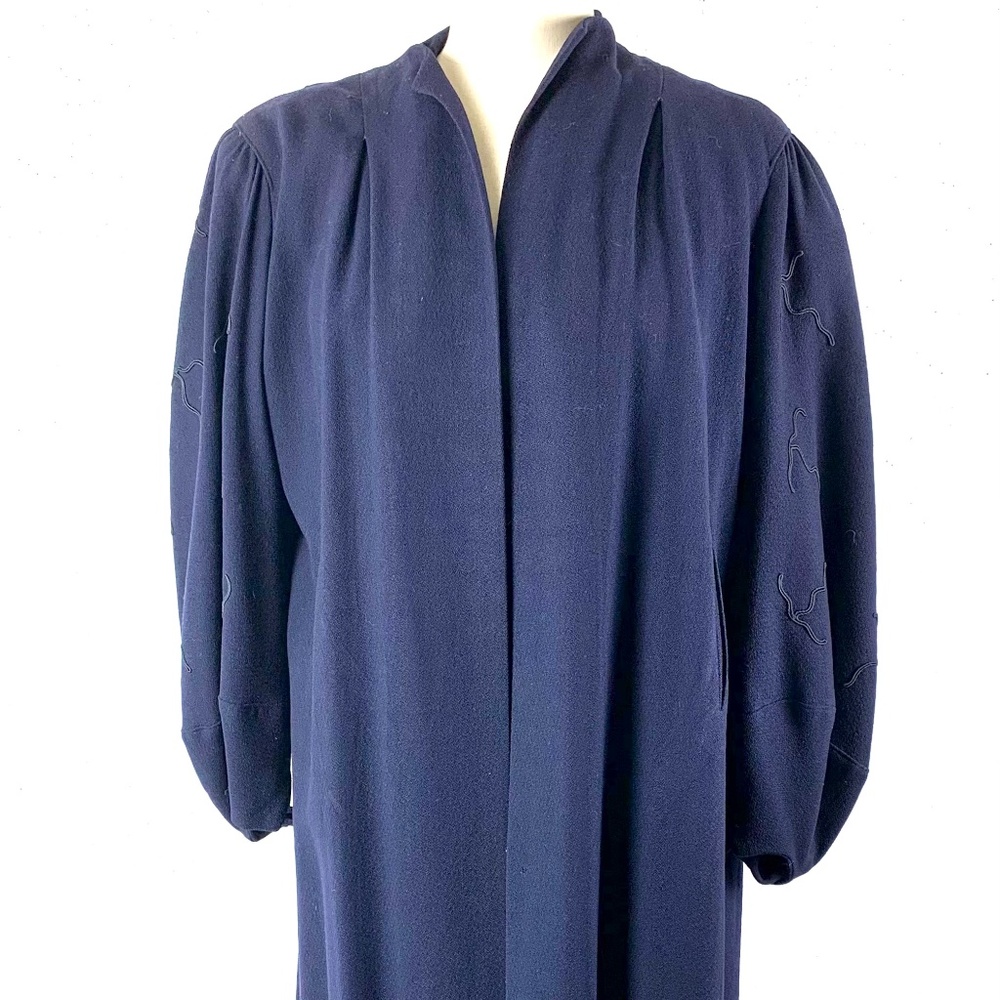 1940s Swing Coat M/L Navy Blue Wool Crepe Cord Decorated Sleeves Mid Century